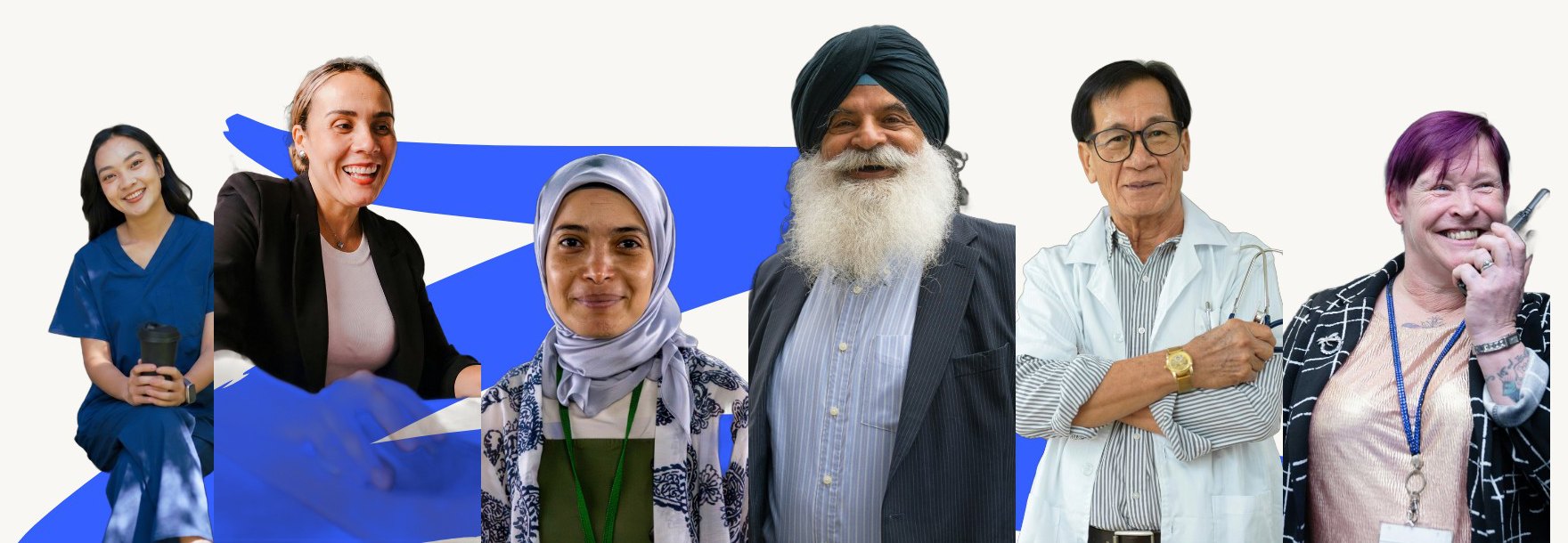 Six Australian care workers: a nurse in scrubs, a manager, a personal care worker in a hijab, a senior volunteer, a GP and a support worker with a lanyard